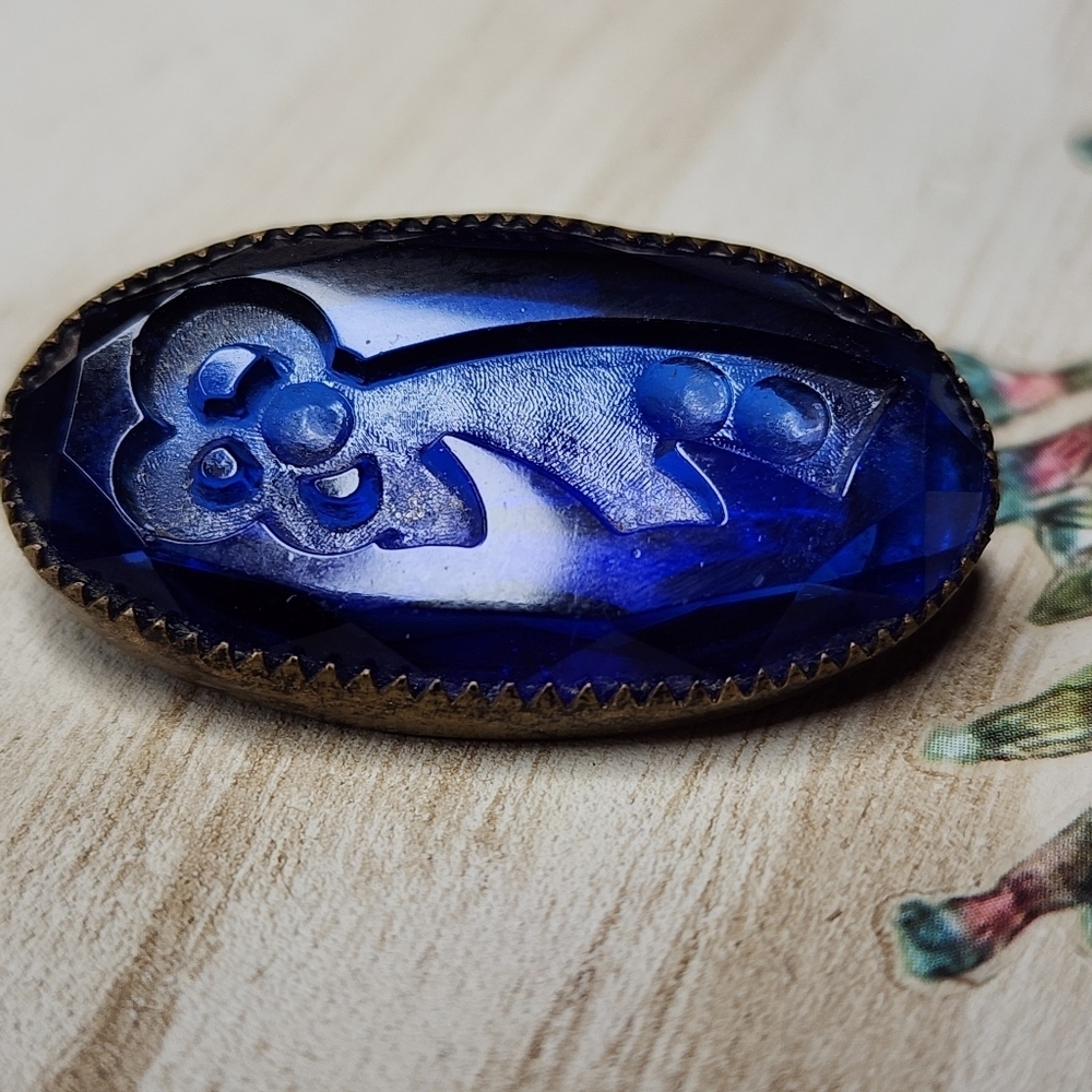 Vintage Brooch, Tribal Design, Cobalt Blue, Early Plastic